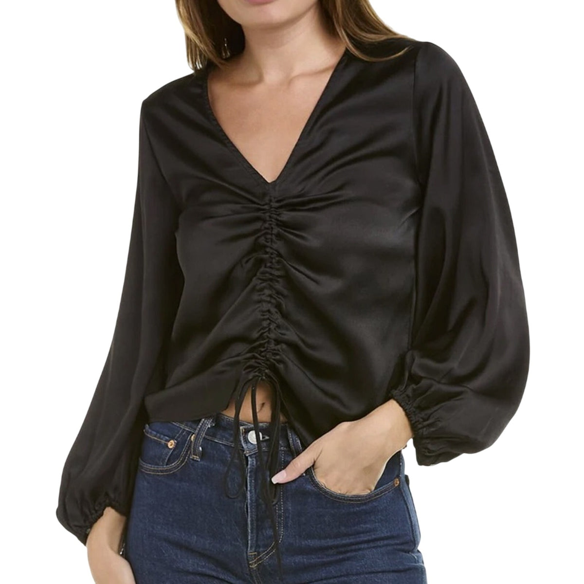 Vince Camuto Black Front Rouched Blouse, Long Sleeve, V-Neck, Size Small, NWT