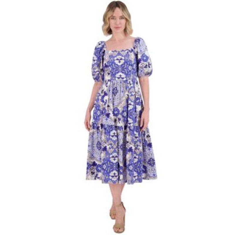 Vince Camuto Women's Floral-Print Puff-Sleeve Dress in Blue & White
