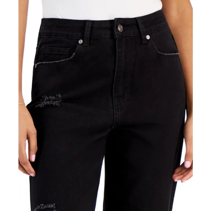 Gogo Jeans Juniors High Waisted Straight Leg Distressed Jeans in Black