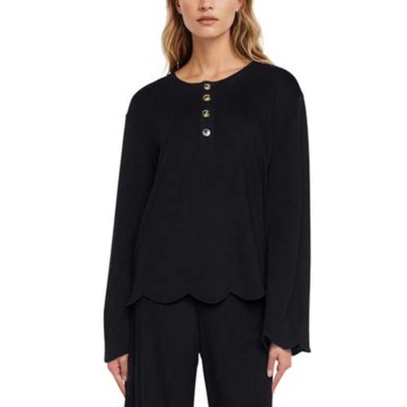 Three Dots Women's Scalloped Bell-Sleeve Button Top in Black Beauty