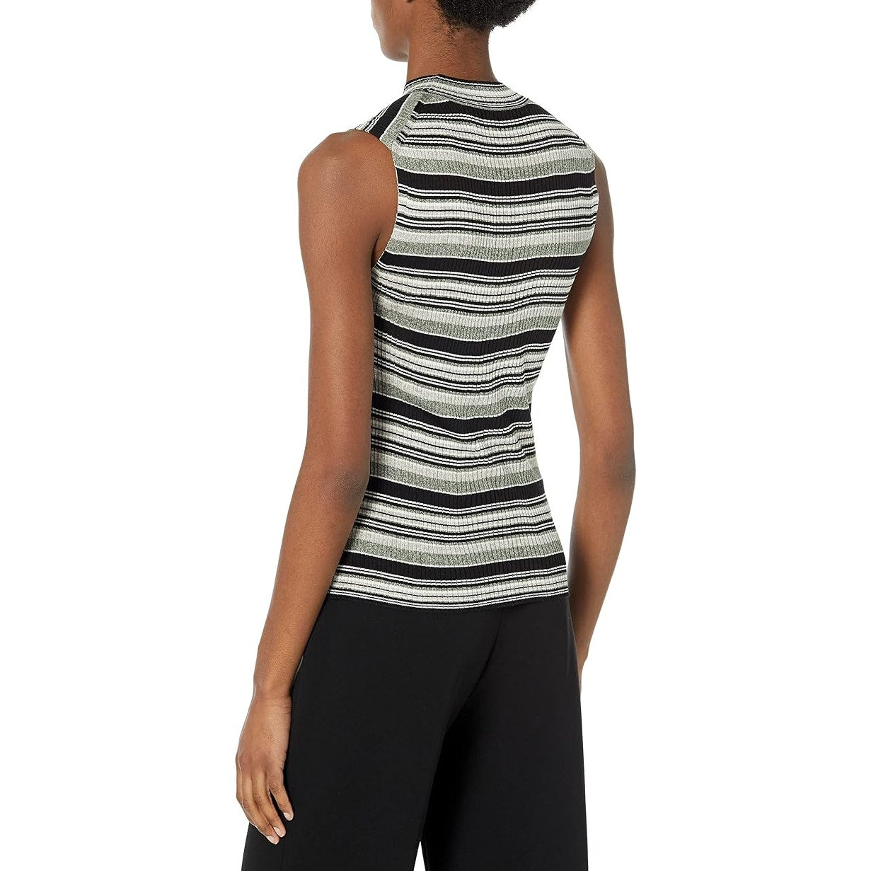 Theory Striped Mock Neck 100% Silk Ribbed Top in Denim Melange, Size Small