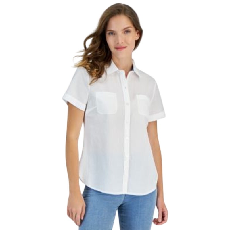 Nautica Jeans Women's Textured Short-Sleeve Button-Front Top in Bright White