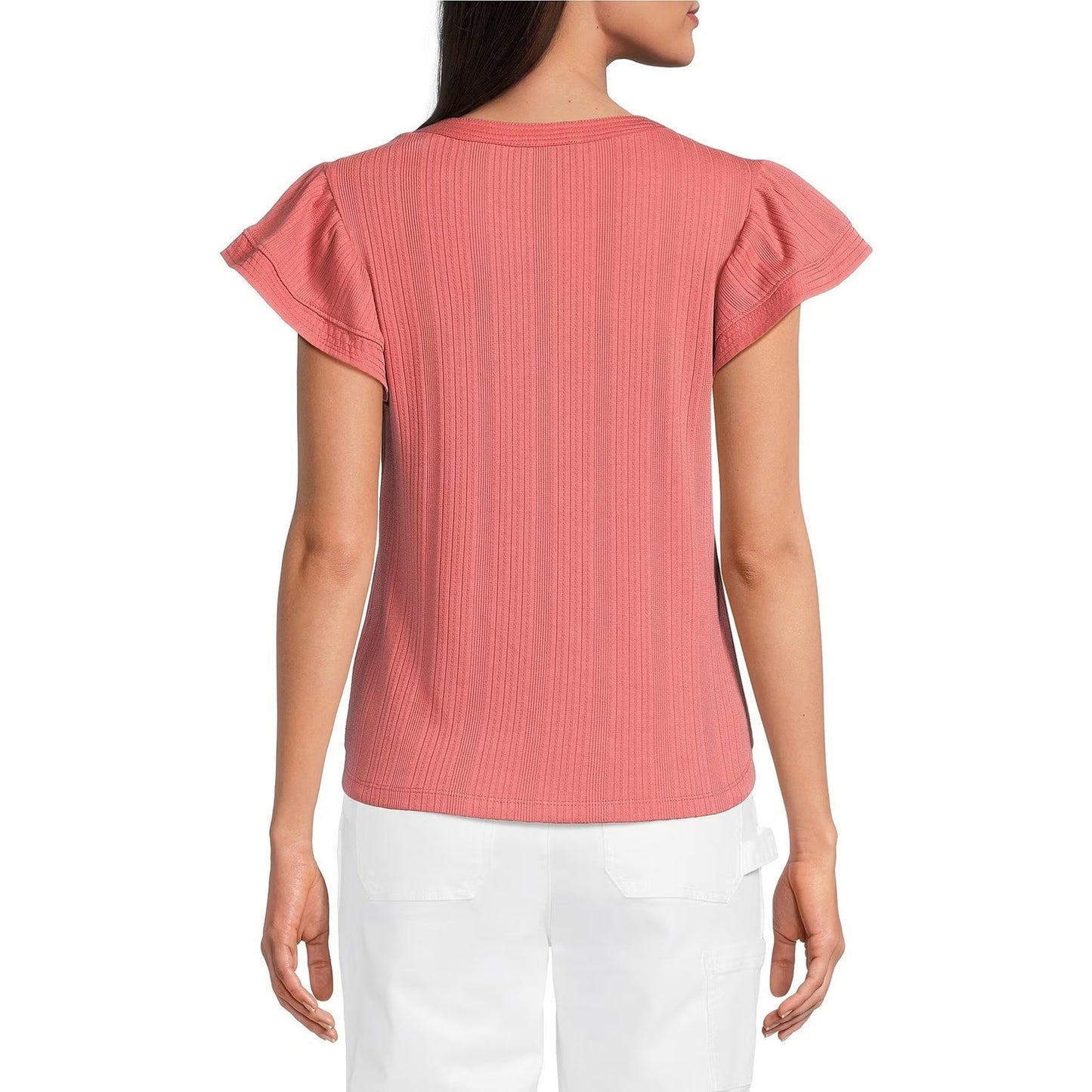 Democracy Ribbed Split V-Neck Cap Sleeve Shirttail Hem Top in Cashmere Rose