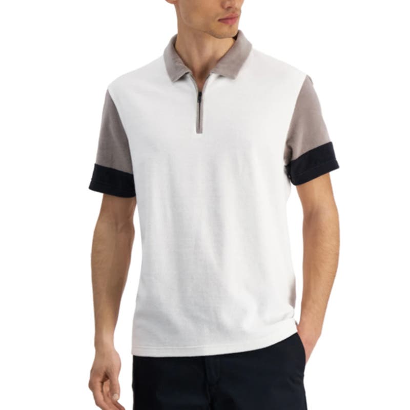 ALFANI Men's Colorblocked Egret Cream, Gray, & Black Polo Shirt