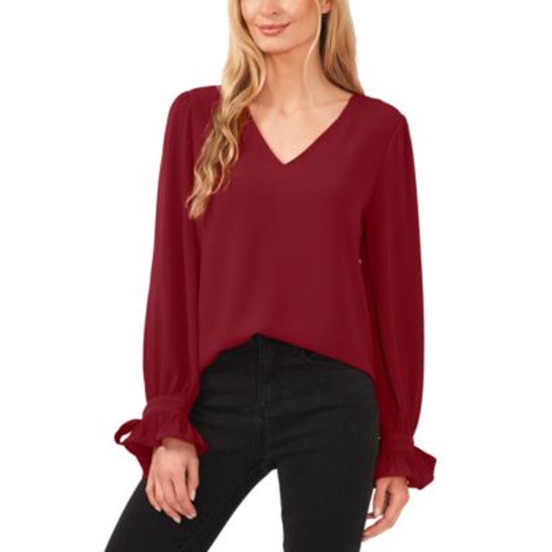 CeCe Women's Tie-Cuff Long Sleeve Top in Wine Red