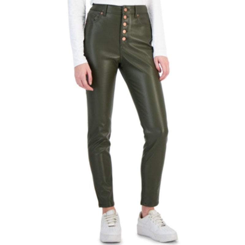 Tinseltown Juniors Exposed Faux Leather Button-Fly Pants in Olive Green