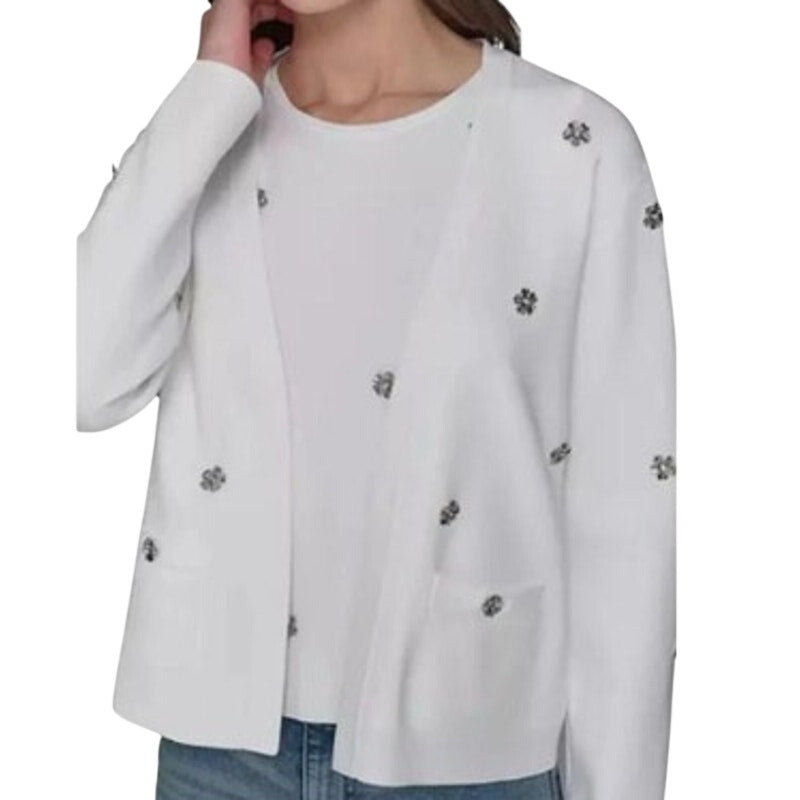 KARL LAGERFELD PARIS Women's Floral Rhinestone Cardigan in Soft White