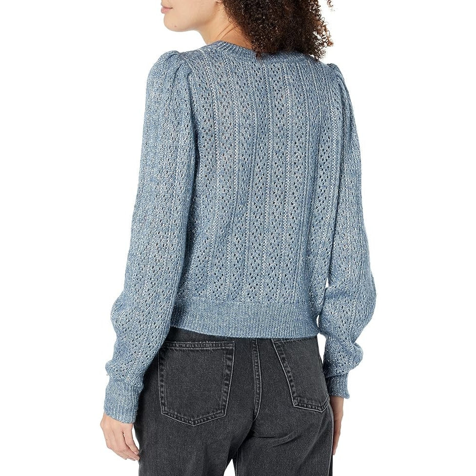PAIGE Women's Athena Sweater Crewneck Cropped Puff Sleeve in Moondust Metallic