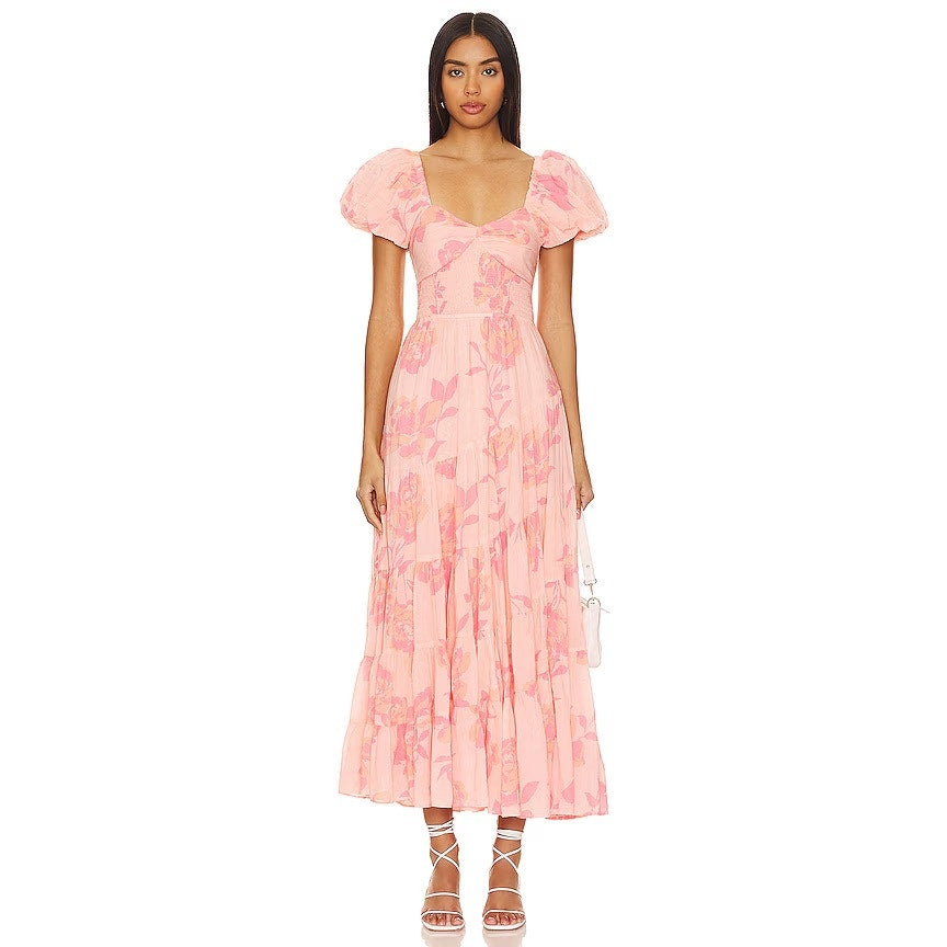 Free People Women's Short Sleeve Sundrenched Maxi Dress in Pink Combo, Medium