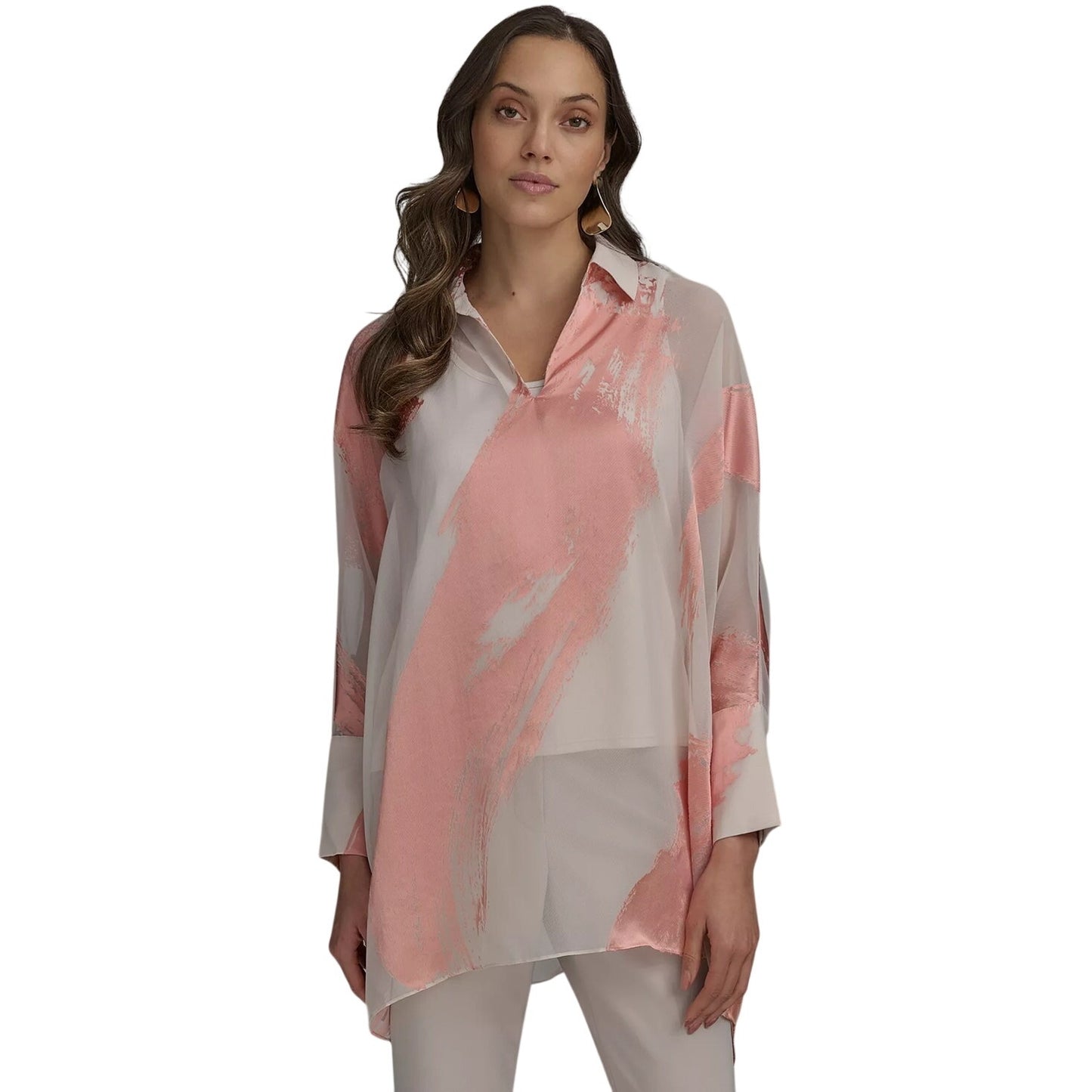 Donna Karan New York Women's Brushstroke Burnout Sheer Tunic Top in Apricot Pink