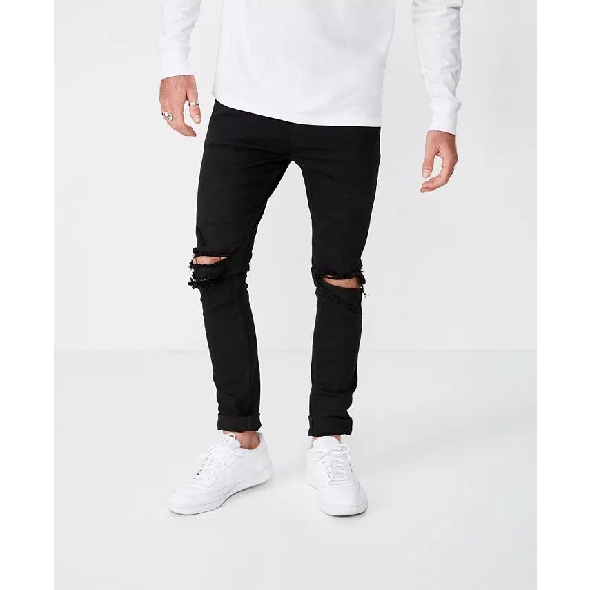 COTTON ON Men's Super Skinny Jean Distressed Black