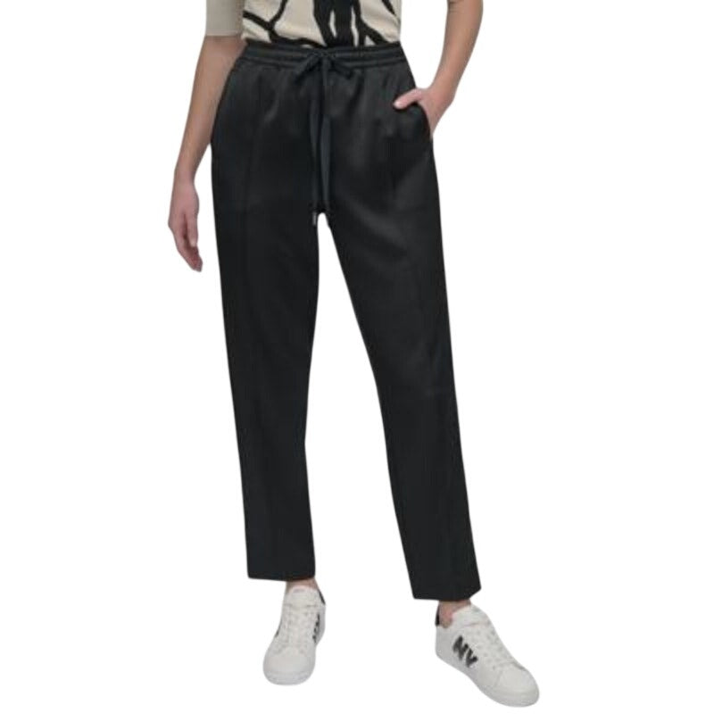 DKNY Women's High-Rise Drawstring Satin Pants in Black