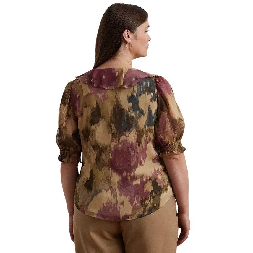 Lauren Ralph Lauren Women's Plus Printed Ruffled Blouse in Abstract Tan, Size 1X