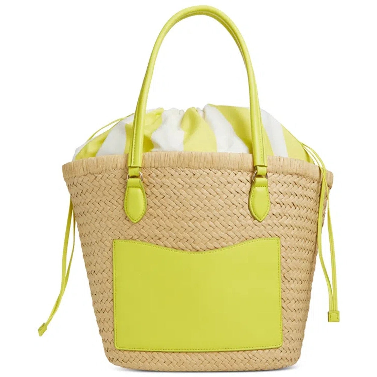 On 34th "Isabellaa" Straw Medium Drawstring Tote in Lime Yellow & White
