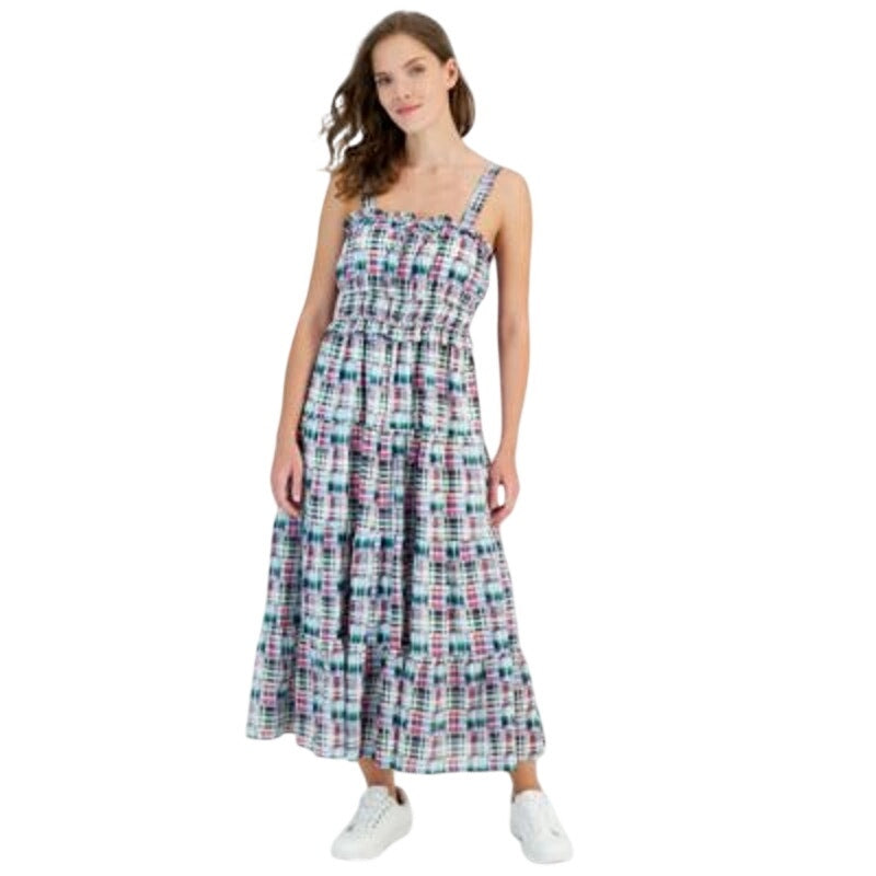 Nautica Jeans Women's Plaid Print Ruffle Trim Night Sky Maxi Dress