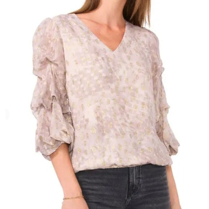 Vince Camuto Women's V-Neck Elastic-Sleeve Top in Silver Gold Metallic