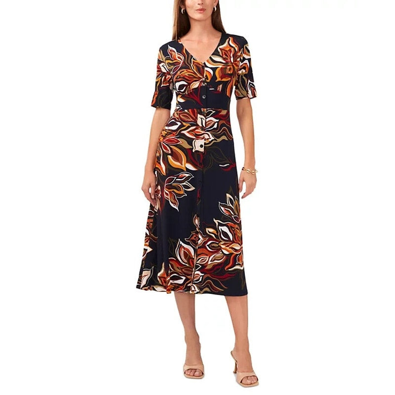 MSK Women's Short-Sleeve A-Line Midi Dress in Navy Blue & Rust Multi Print