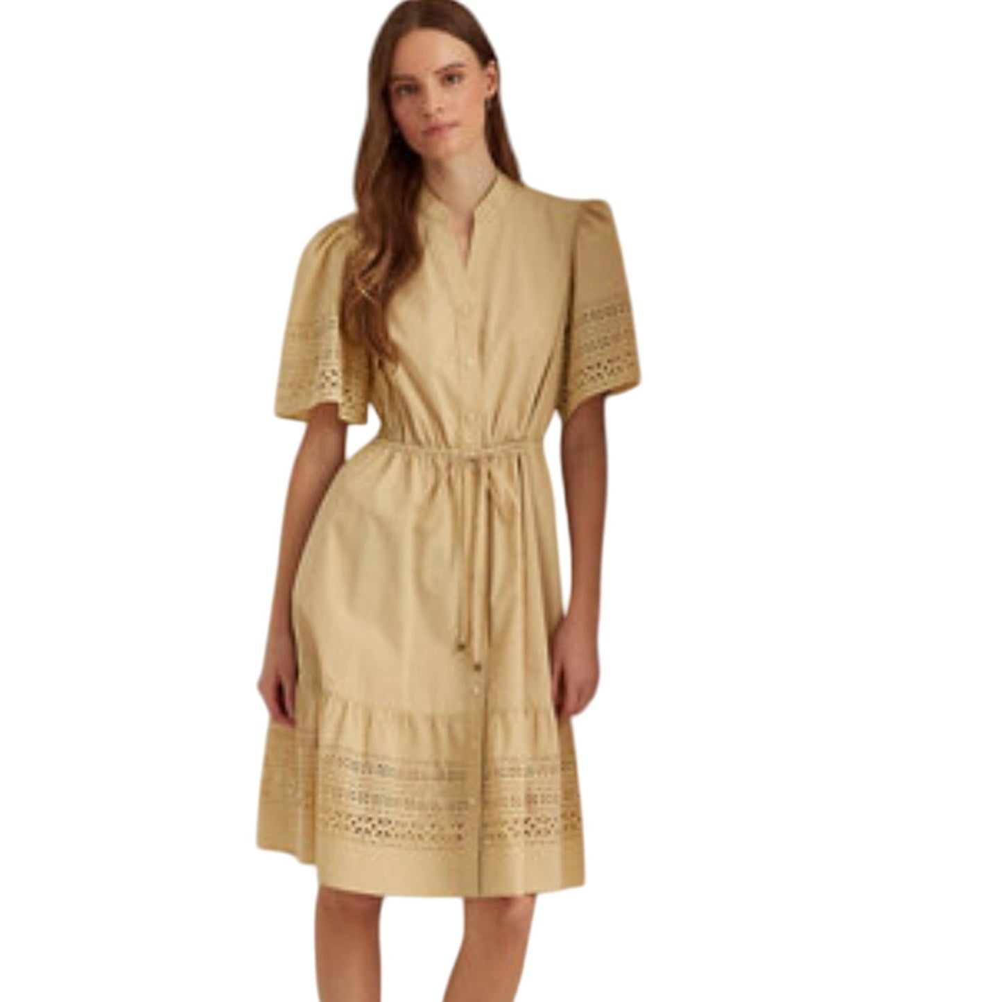 Lauren Ralph Lauren Tan “Parchment” Eyelet Dress w/ Ruffle Sleeves
