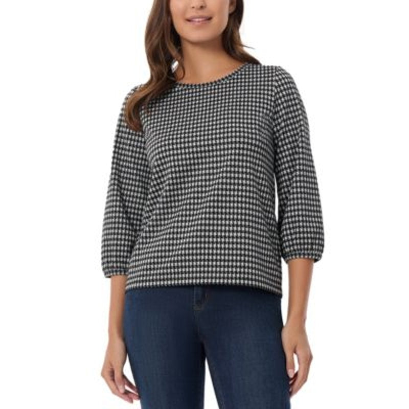 Jones New York Women's Shine Houndstooth 3/4-Sleeve Top in Black White Multi