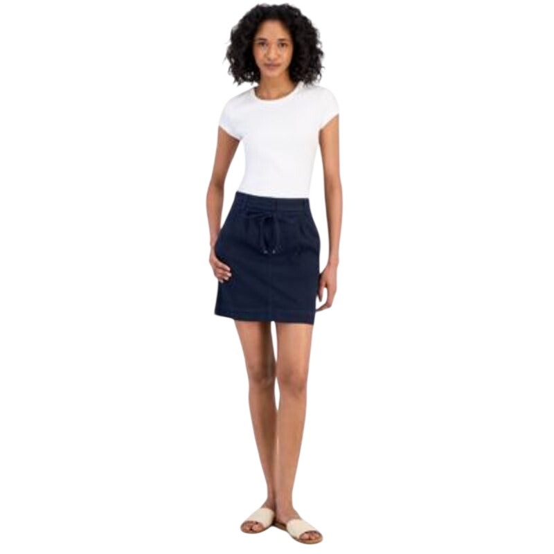 HUGO BOSS Orange Women's Belted Front-Zip Mini Skirt in Navy Blue