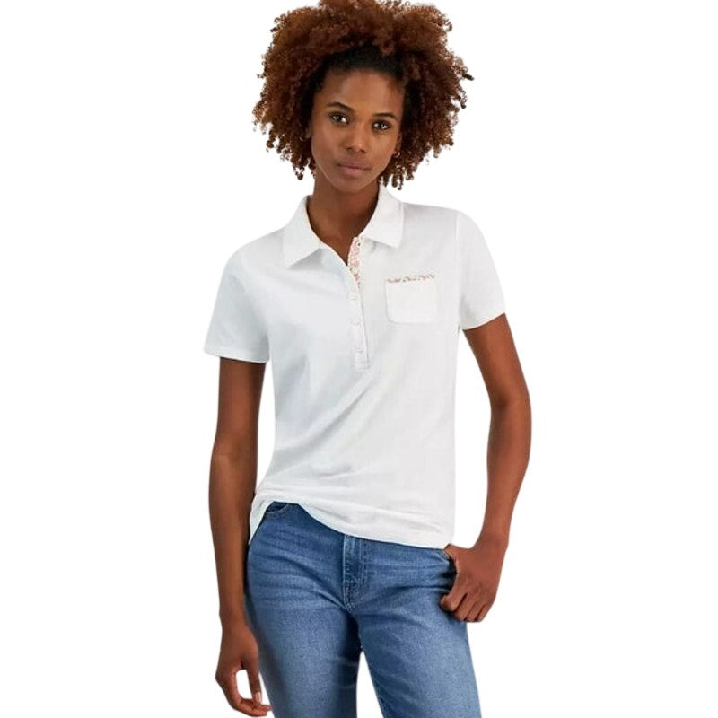 Nautica Jeans Women's Printed-Trim Pocket Polo Shirt in Bright White