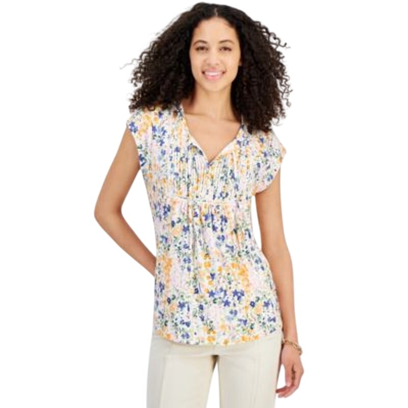 Tommy Hilfiger Women's Garden Printed Pintuck Top in Ivory Multi