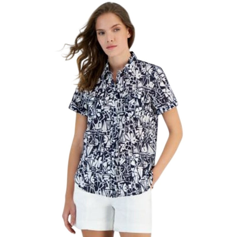 Nautica Jeans Women's Tiki Print Cotton Button Up Top in Night Sky Black & White