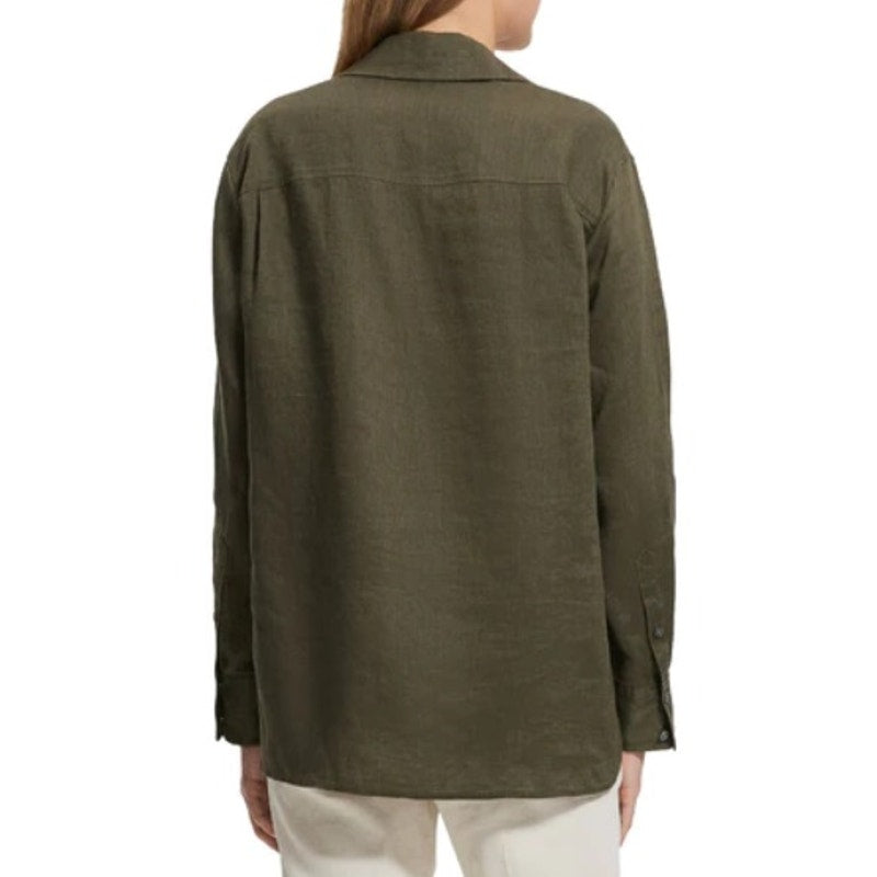 THEORY Notch Linen Shirt In Dark Olive Green, Size Small