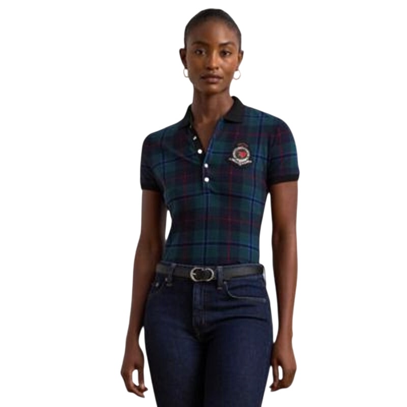 Lauren Ralph Lauren Women's Plaid Beaded-Crest Pique Polo Top in Green