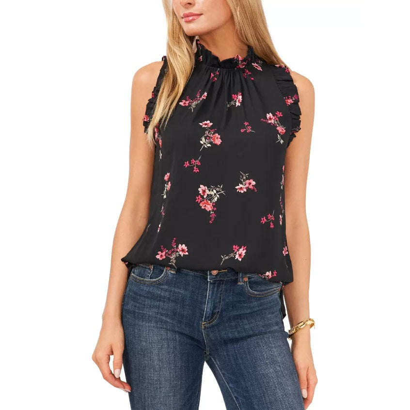 Vince Camuto Black Halter Neck Tank w/ Pink Floral Pattern, Ruffle Accents