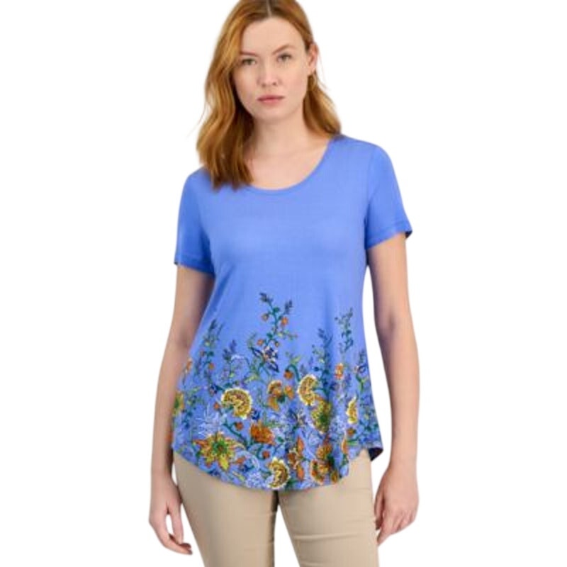 JM Collection Women's Short Sleeve Floral-Print Top in Blue Combo