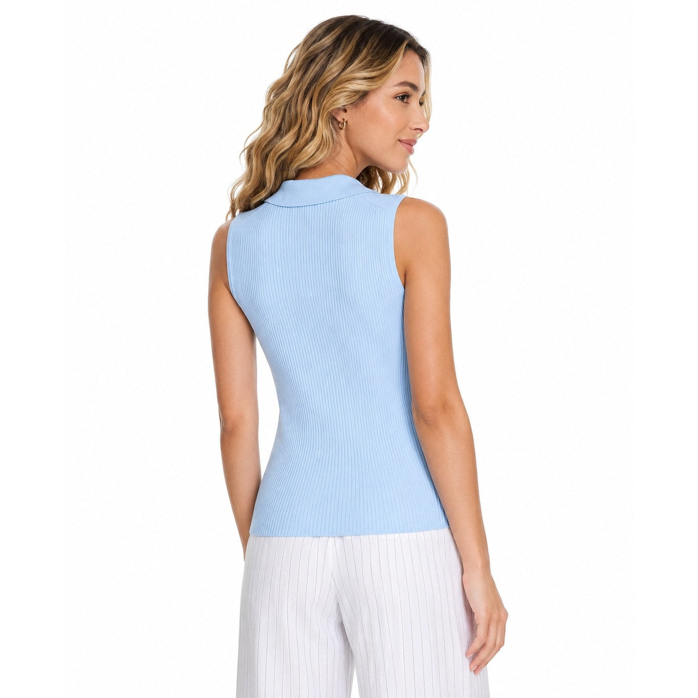 Calvin Klein Women's Sleeveless Collared V-Neck Top in Light Sky