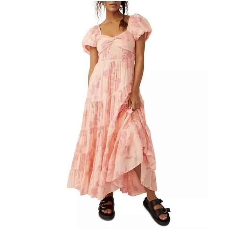 Free People Women's Short Sleeve Sundrenched Maxi Dress in Pink Combo, Medium