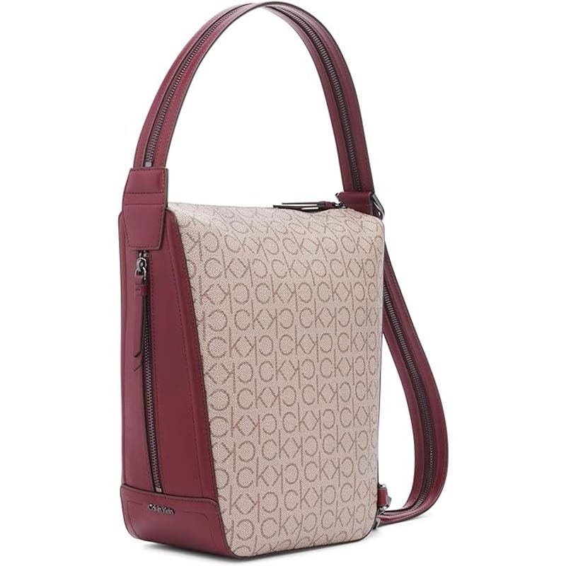CALVIN KLEIN Medium Moss Signature Convertible Sling Bag In Rouge Red & Tan