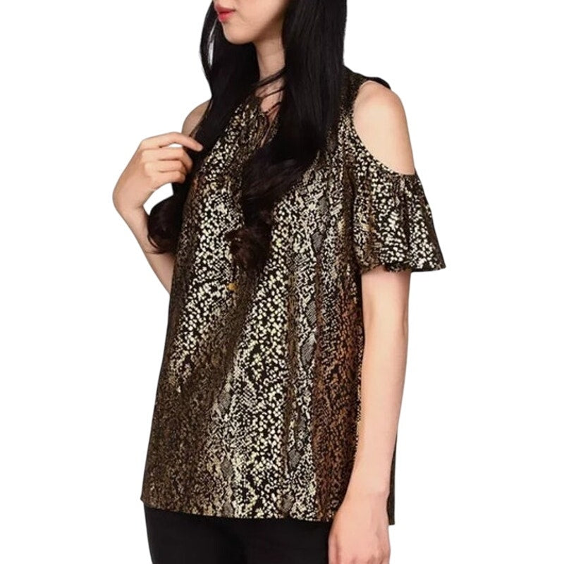 Michael Kors Black Cold Shoulder Halter Top Blouse w/ Gold Snakeskin Print