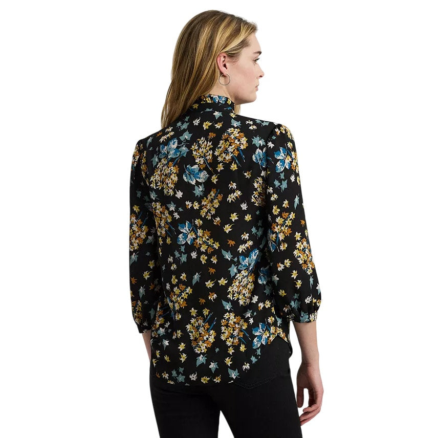 Lauren Ralph Lauren Women's Ruffled Floral Shirt in Black, Yellow & Blue, XL