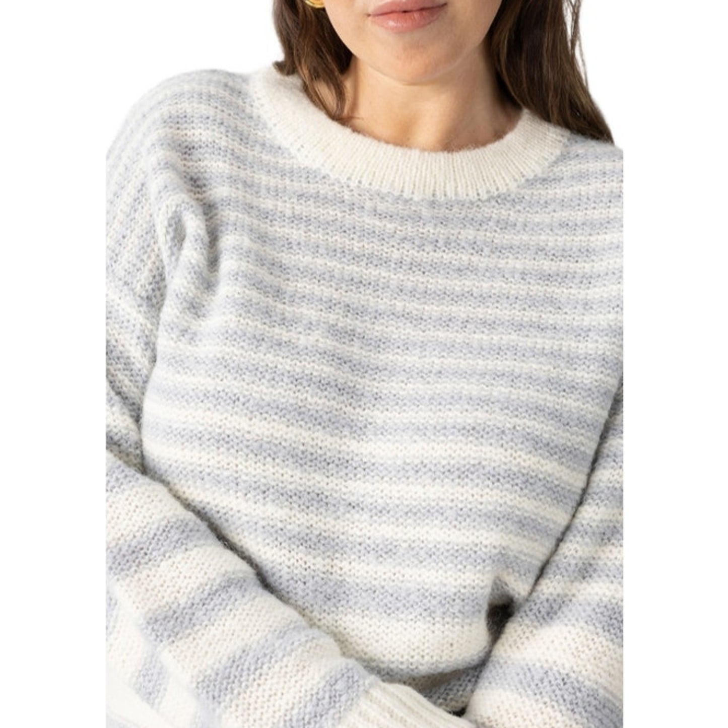 Sanctuary Women's Fuzzy Long Sleeve Tunic Sweater in Pearl Blue Chalk Stripe