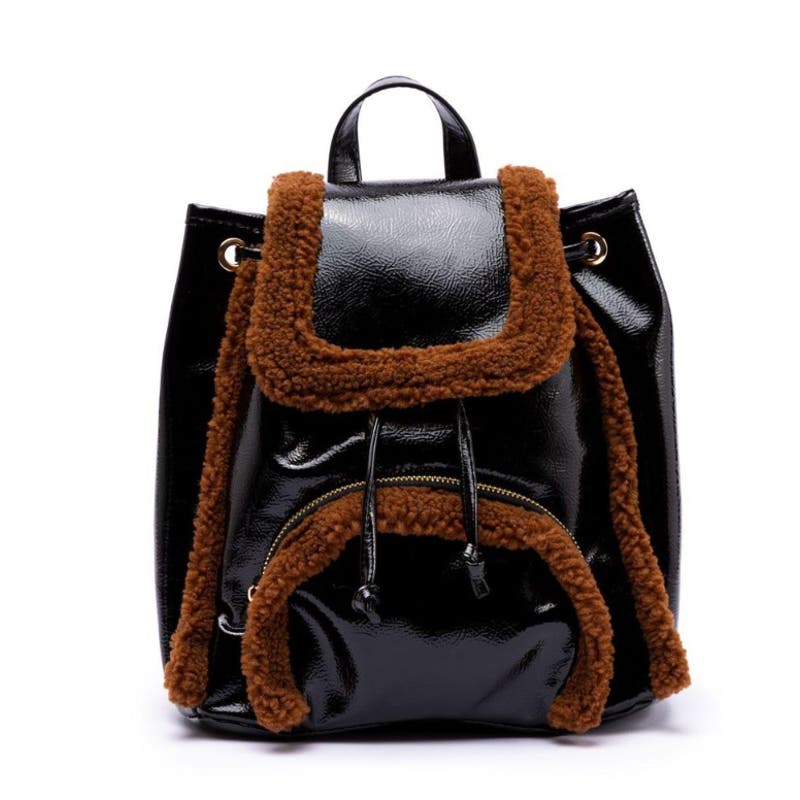 SKINNY DIP LONDON Women's Black & Brown "Scarlett" Small Fluff Trim Backpack