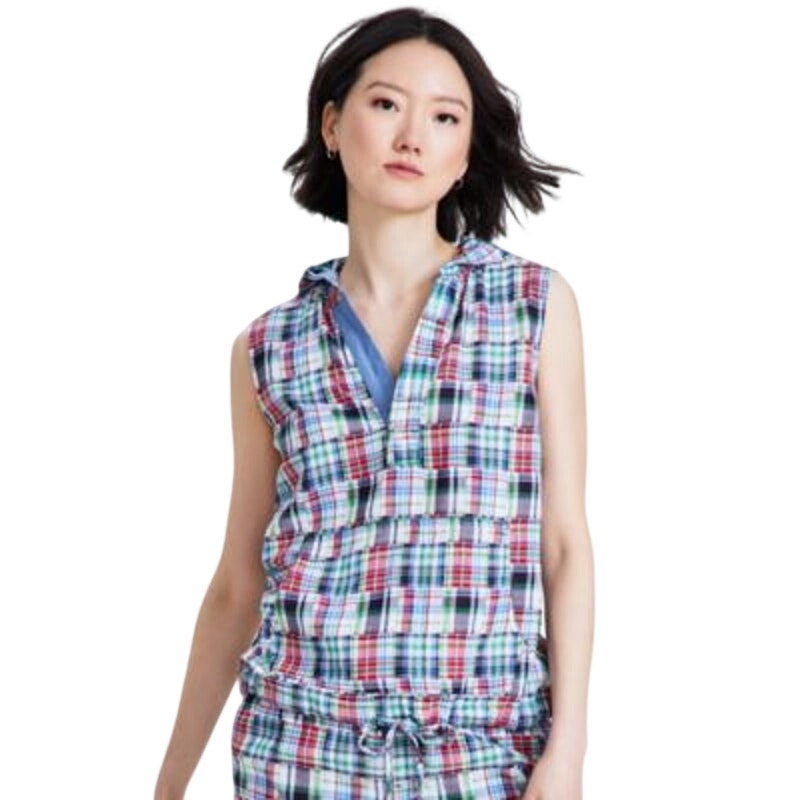 Nautica Jeans Women's Patchwork Plaid Cotton Hooded Drawstring Top in Night Sky