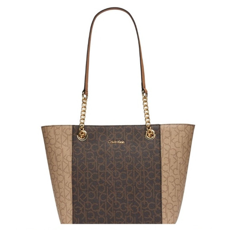 Calvin Klein Brown Signature Monogram Tote Bag, Leather, Double Handles