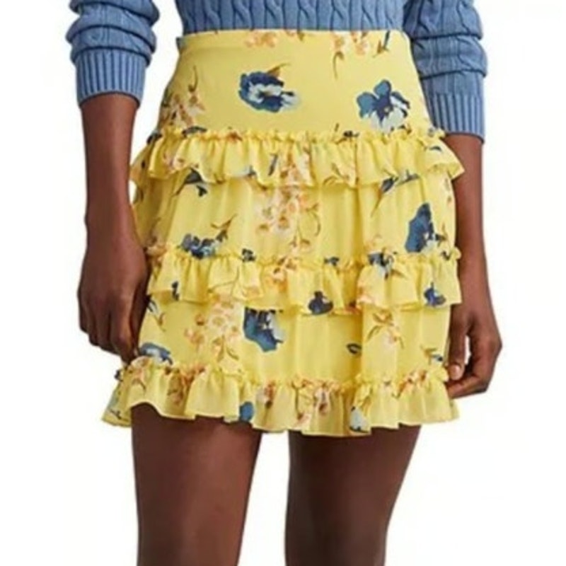 Lauren Ralph Lauren Women's Ruffled Mini Skirt in Yellow Floral, Size 12