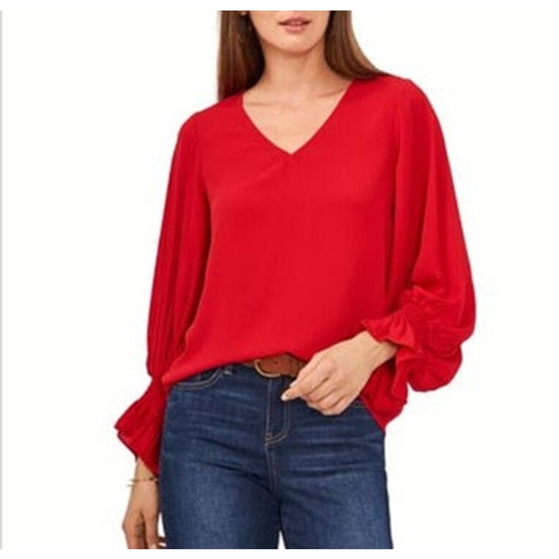 Vince Camuto Women's Vermillion Red V-Neck Blouse w/ Smocked Cuffs, Size XS