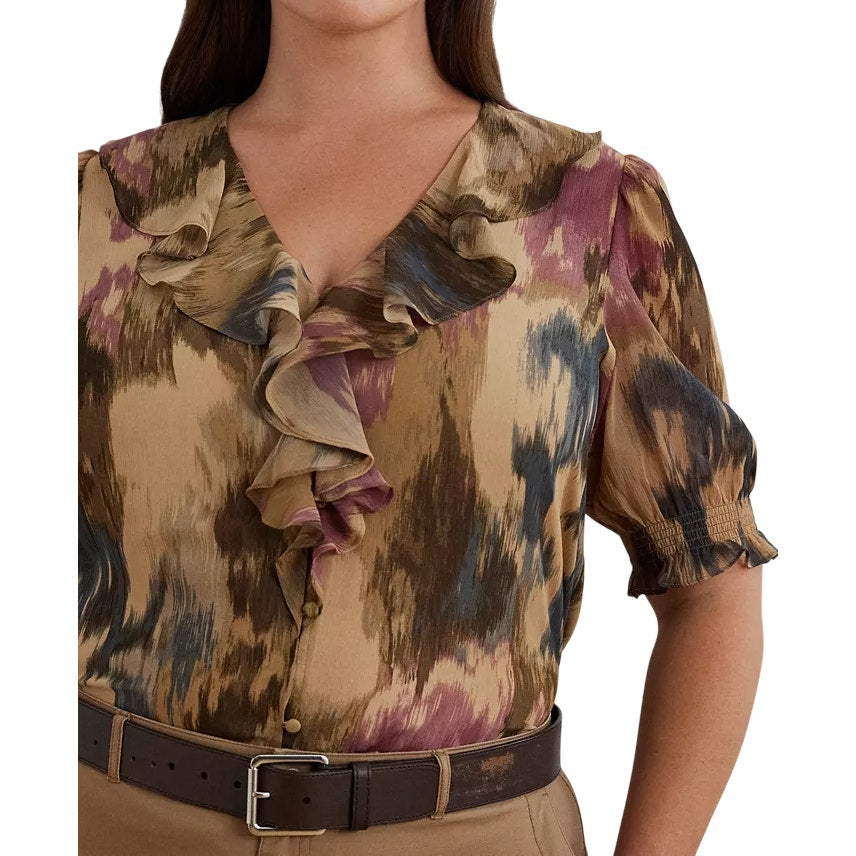 Lauren Ralph Lauren Women's Plus Printed Ruffled Blouse in Abstract Tan, Size 1X