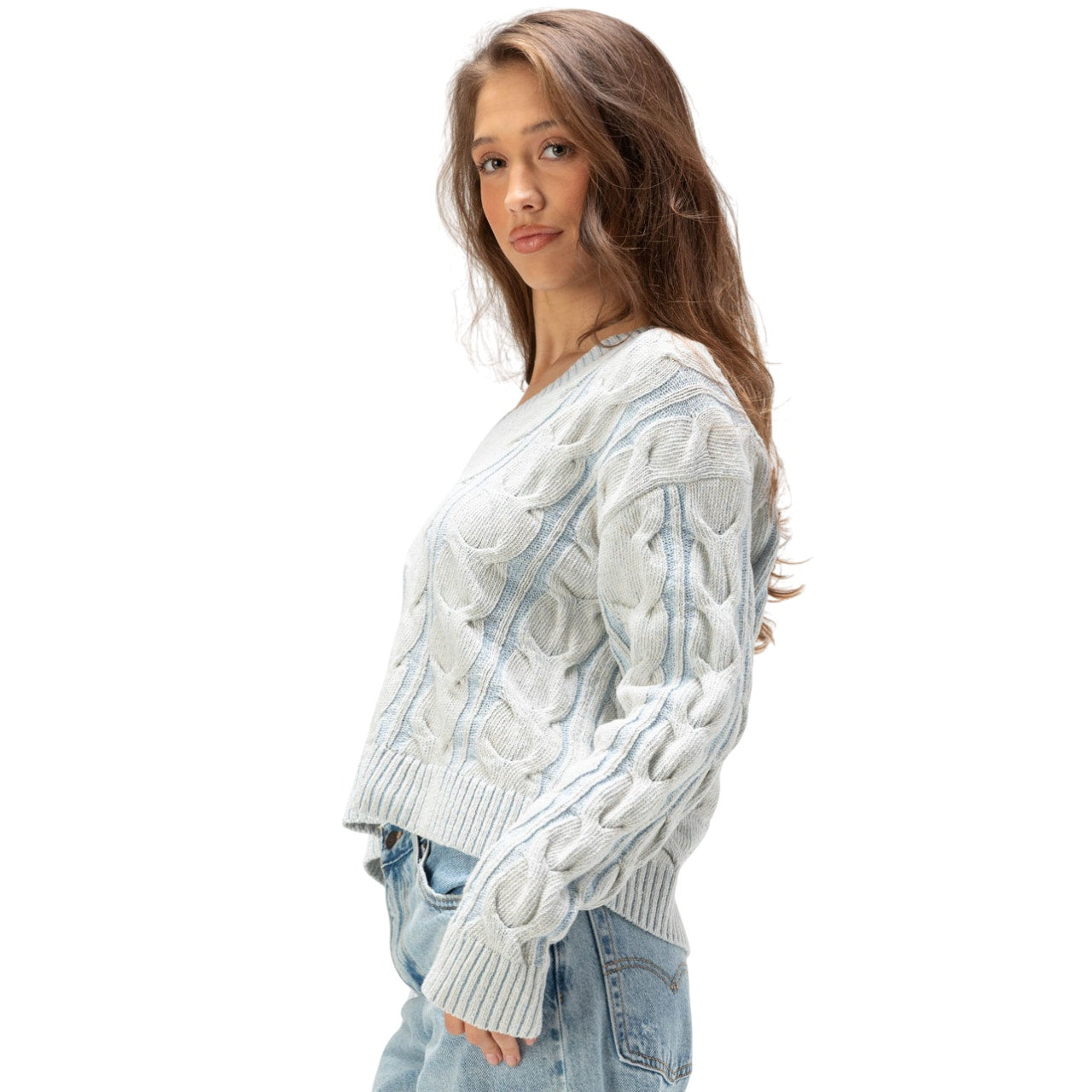 Free People Women's Washed Cable-Knit V-Neck Sweater in Pale Blue, Size XL