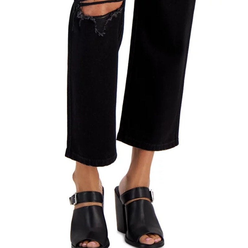Gogo Jeans Juniors High Waisted Straight Leg Distressed Jeans in Black
