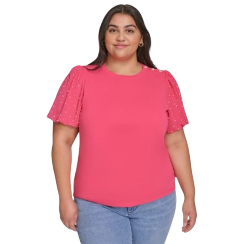 KARL LAGERFELD PARIS Plus Size Embellished Puff-Sleeve Top in Teaberry Pink