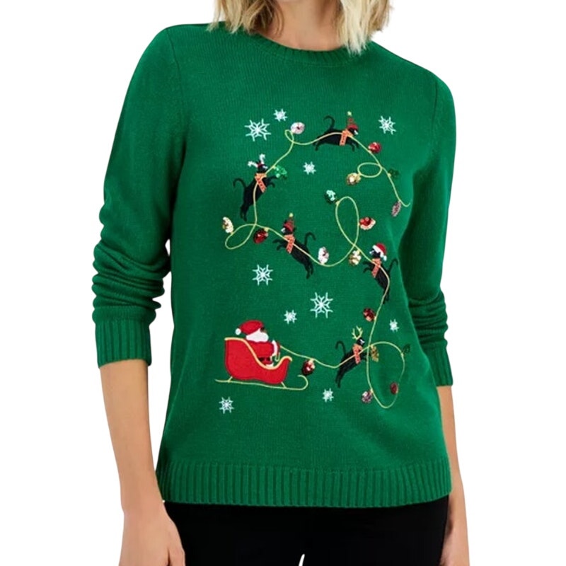 Holiday Lane Women's Petite Santa Claus Kitten Sleigh Graphic Sweater in Green