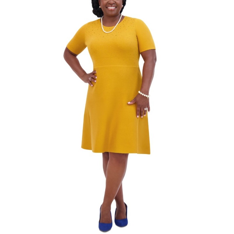 Kasper Women's Embellished Short-Sleeve Knit Midi Dress in Gold Signature