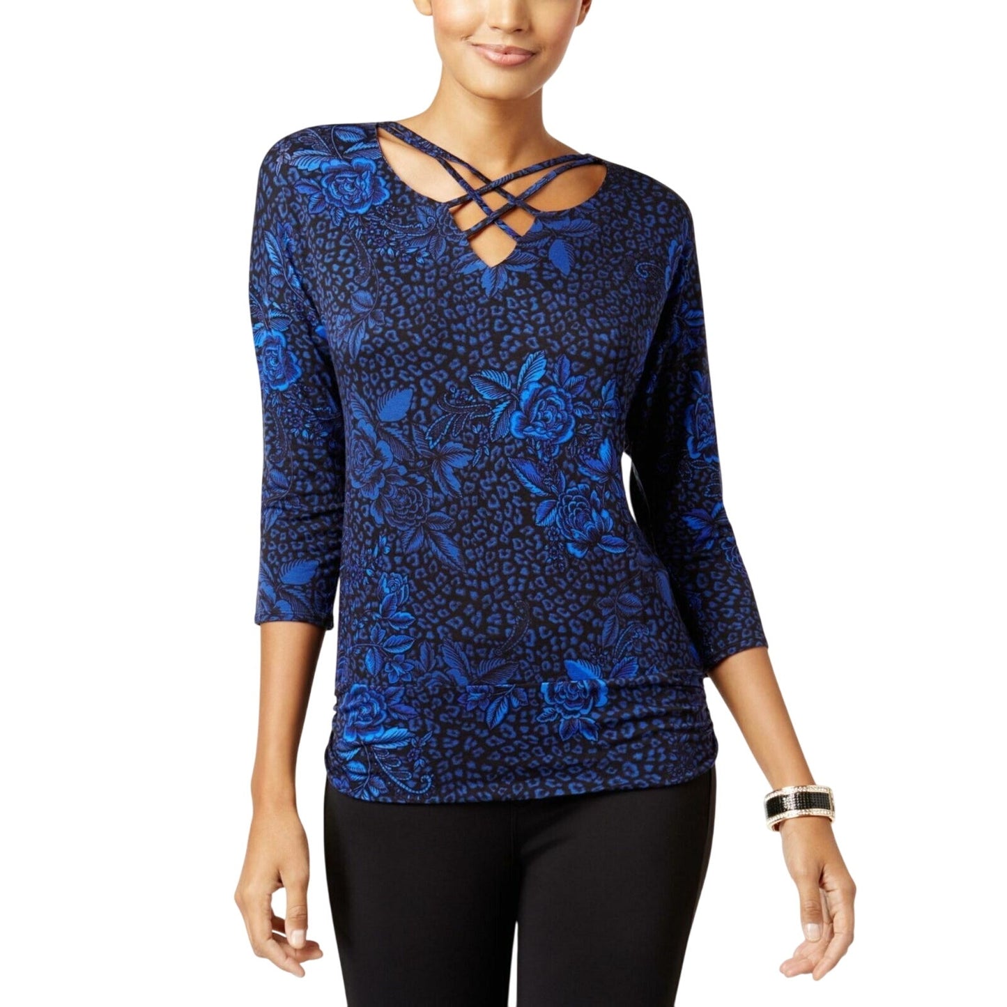 Thalia Sodi Women's Strappy Pullover Blouse in Deep Black Blue Floral Print, XS