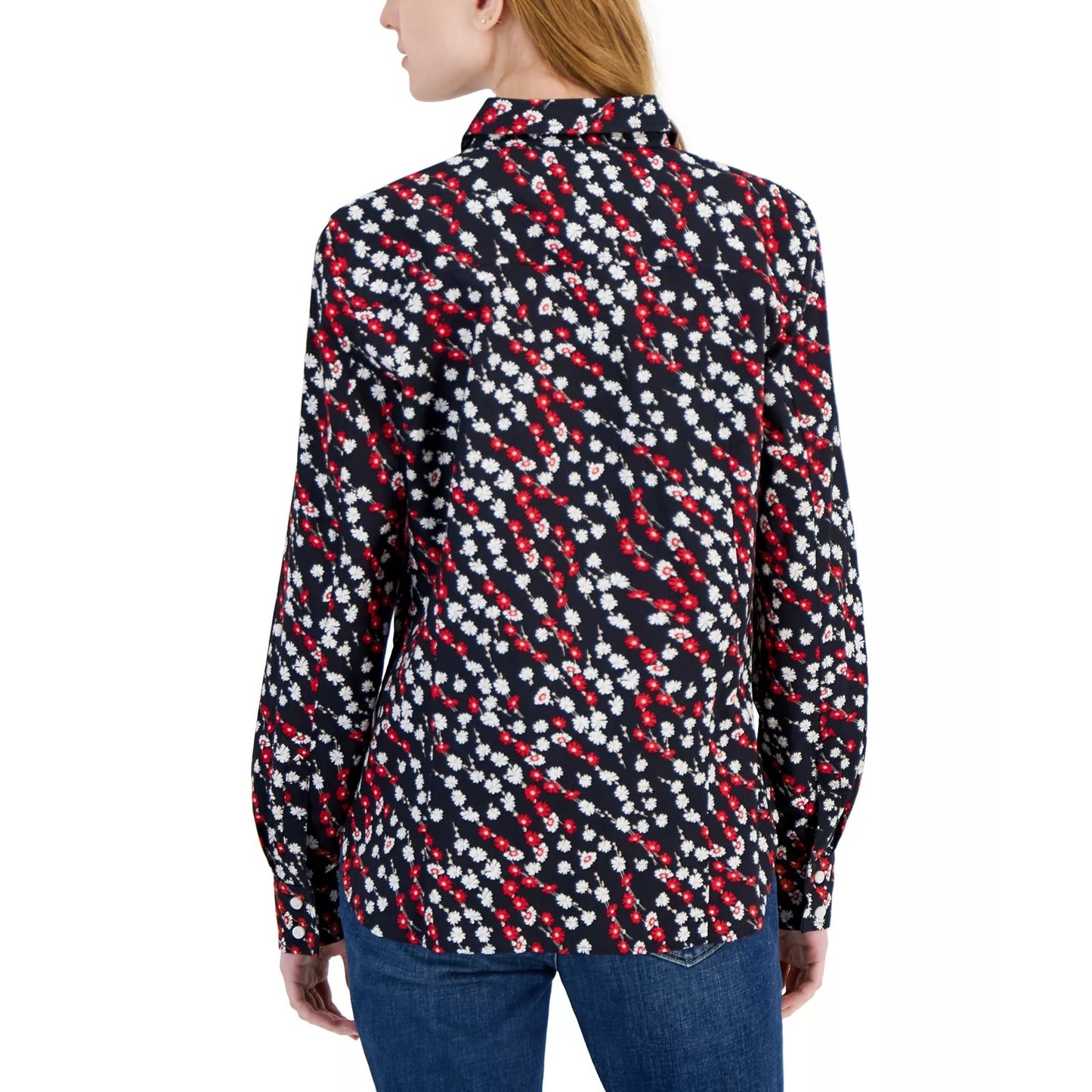 Tommy Hilfiger Women's Ditsy Roll-Tab Shirt In Black Red Multi